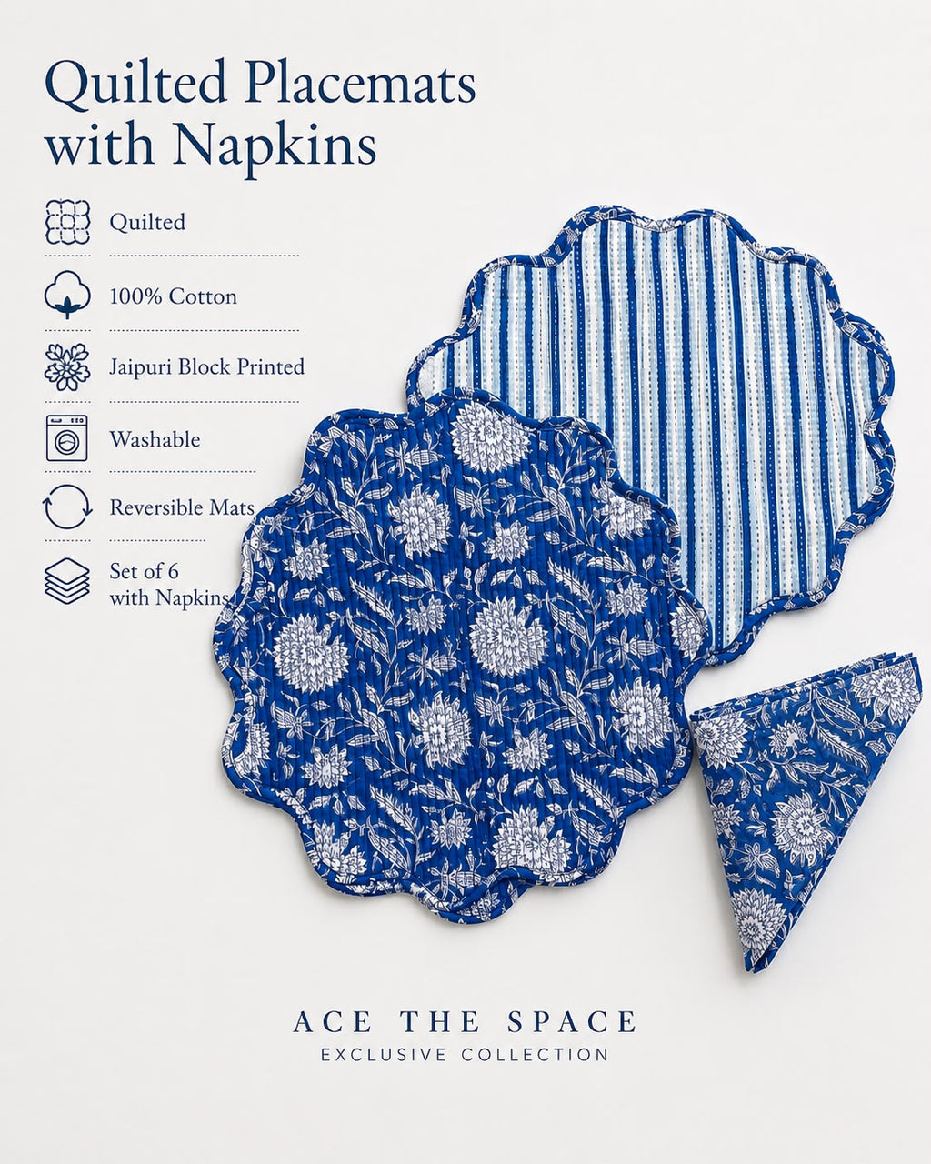 Indigo Garden Jaipuri Quilted Table Mats with Napkins ( SET OF 6 MATS AND NAPKINS)