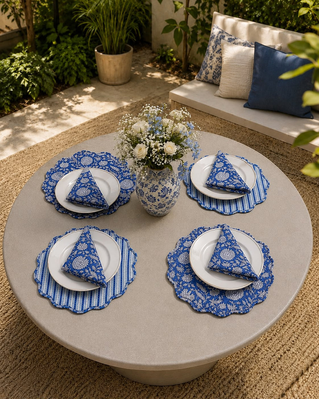 Indigo Garden Jaipuri Quilted Table Mats with Napkins ( SET OF 6 MATS AND NAPKINS)