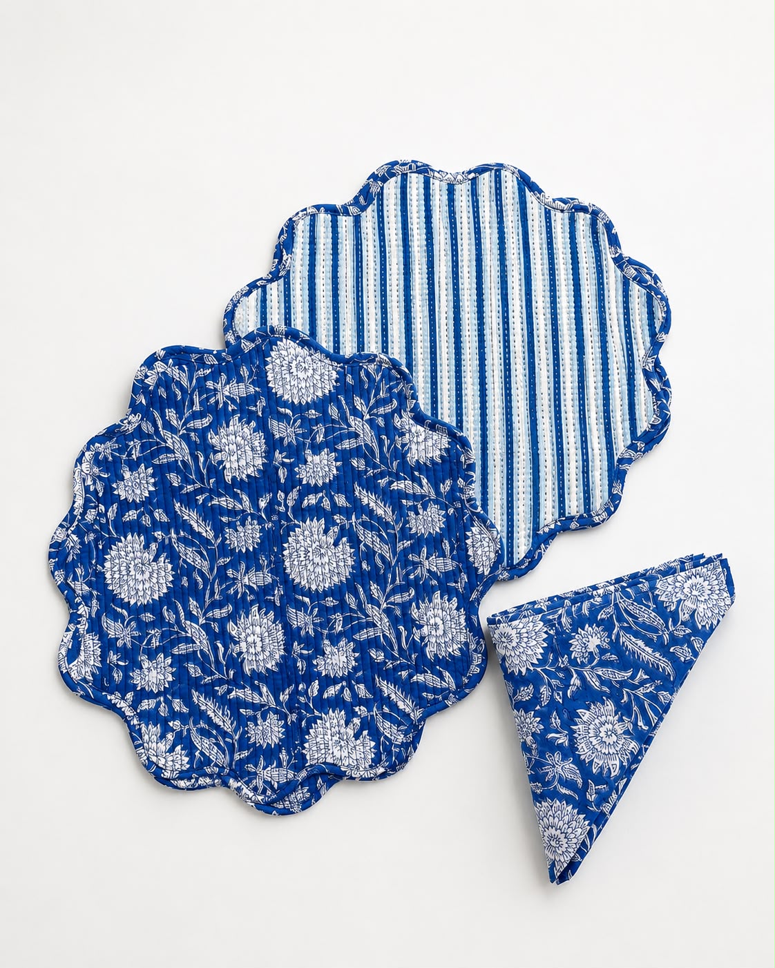 Indigo Garden Jaipuri Quilted Table Mats with Napkins ( SET OF 6 MATS AND NAPKINS)