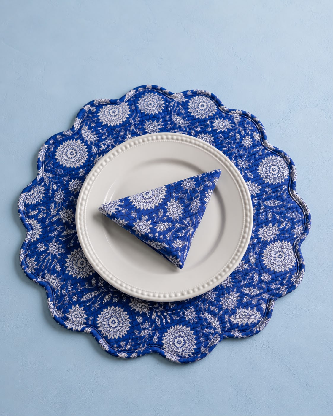 Indigo Garden Jaipuri Quilted Table Mats with Napkins ( SET OF 6 MATS AND NAPKINS)
