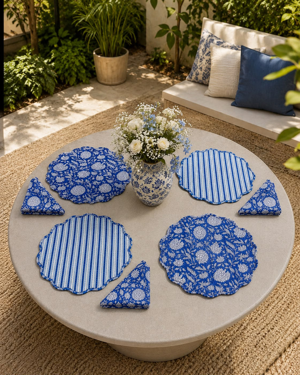 Indigo Garden Jaipuri Quilted Table Mats with Napkins ( SET OF 6 MATS AND NAPKINS)