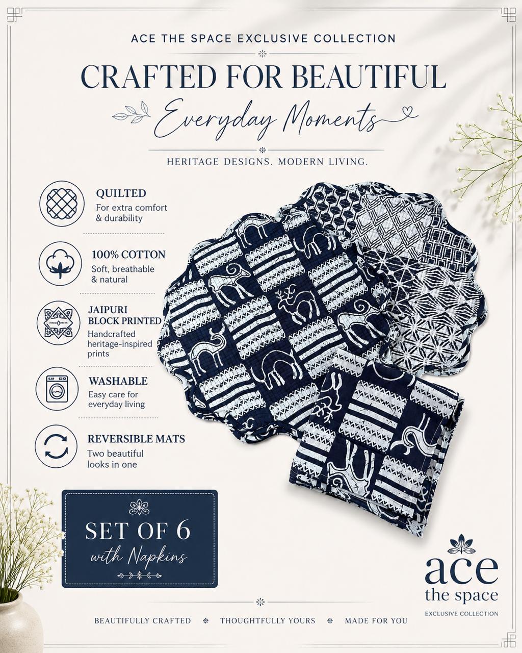 Ash Grey Reversible Dining Set( SET OF 6 MATS AND NAPKINS)
