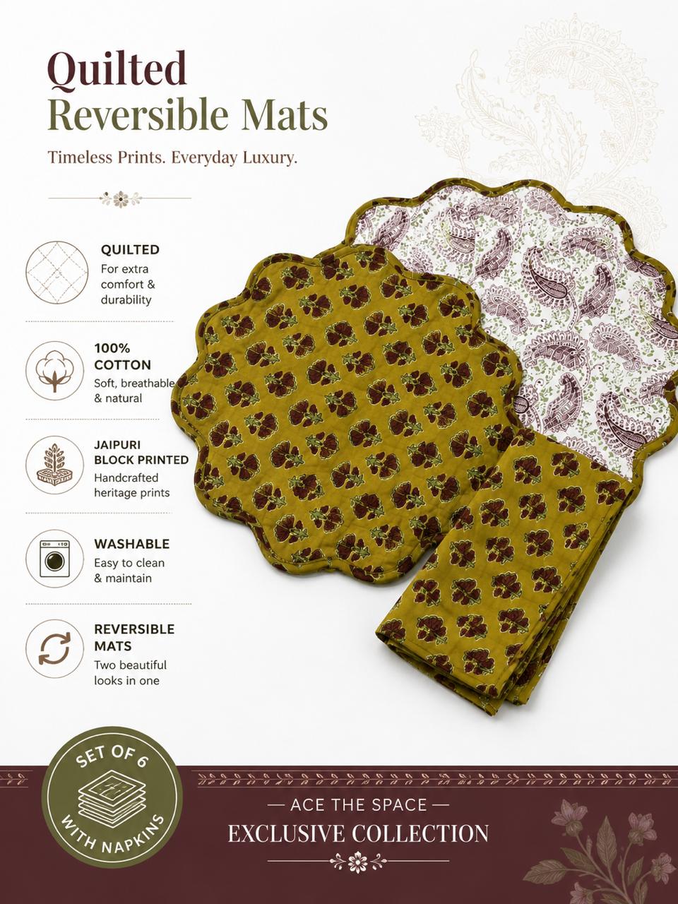 Olive Paisley Reversible Dining Set( SET OF 6 MATS AND NAPKINS)
