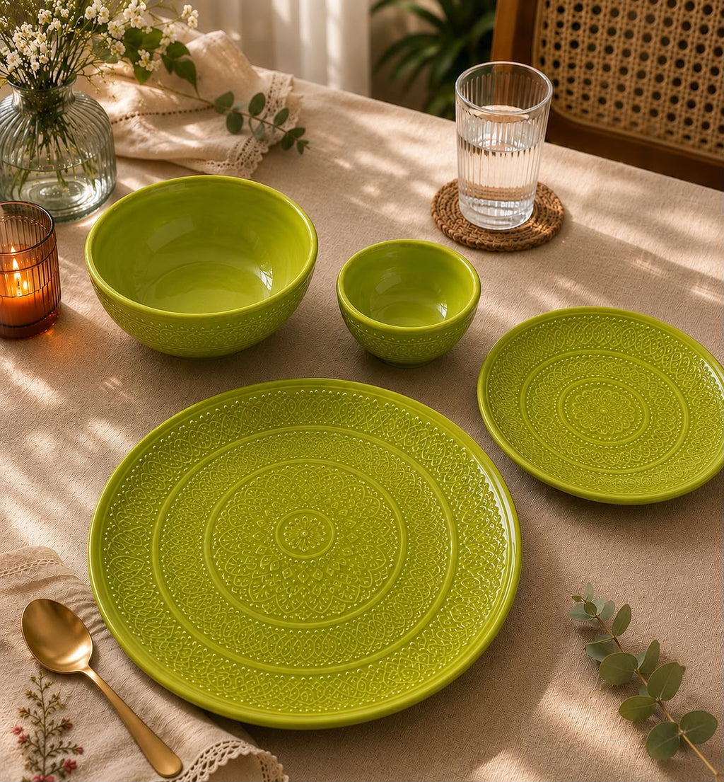 Lime Green Embossed Dinner Set | Ceramic