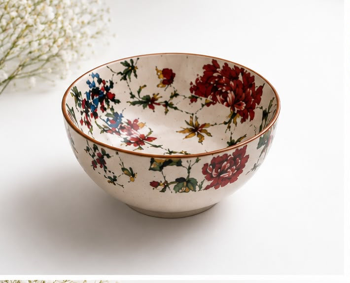 Set of ceramic bowls with floral patterns on a white background