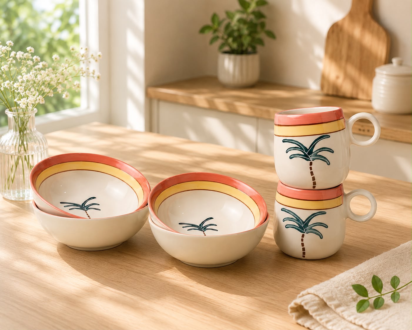 Tropical Vibes Cup & Bowl Sett | Ceramic Tea Cup & Snack Bowl | Aesthetic Kitchen & Tableware(Set of 1) | Pinterest Inspired Design