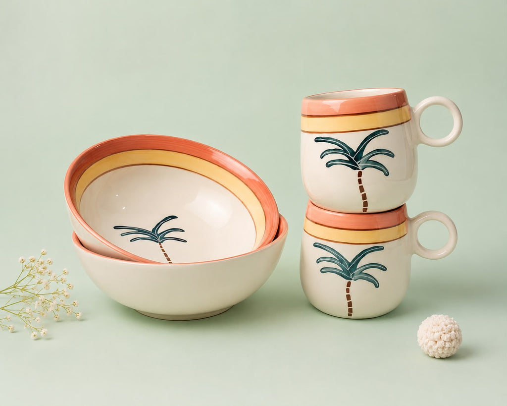 Tropical Vibes Cup & Bowl Sett | Ceramic Tea Cup & Snack Bowl | Aesthetic Kitchen & Tableware(Set of 1) | Pinterest Inspired Design