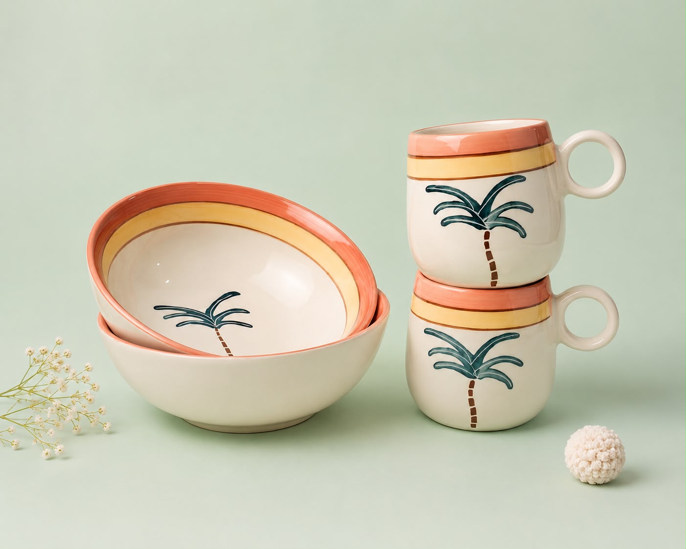 Tropical Vibes Cup & Bowl Sett | Ceramic Tea Cup & Snack Bowl | Aesthetic Kitchen & Tableware(Set of 1) | Pinterest Inspired Design