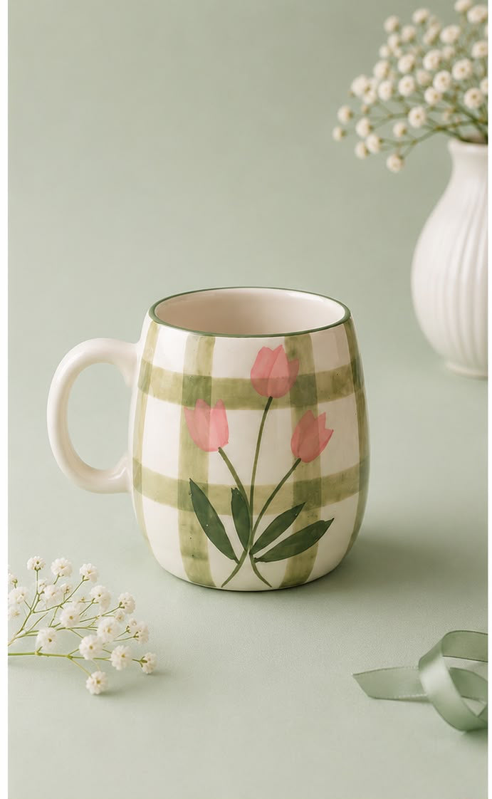 Green Floral Check Cup & Bowl Set | Ceramic Tea Cup & Snack Bowl | Aesthetic Kitchen & Tableware(Set of 1) | Pinterest Inspired Design