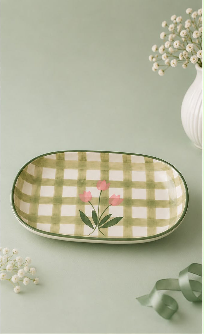Green Floral Check Cup & Bowl Set | Ceramic Tea Cup & Snack Bowl | Aesthetic Kitchen & Tableware(Set of 1) | Pinterest Inspired Design