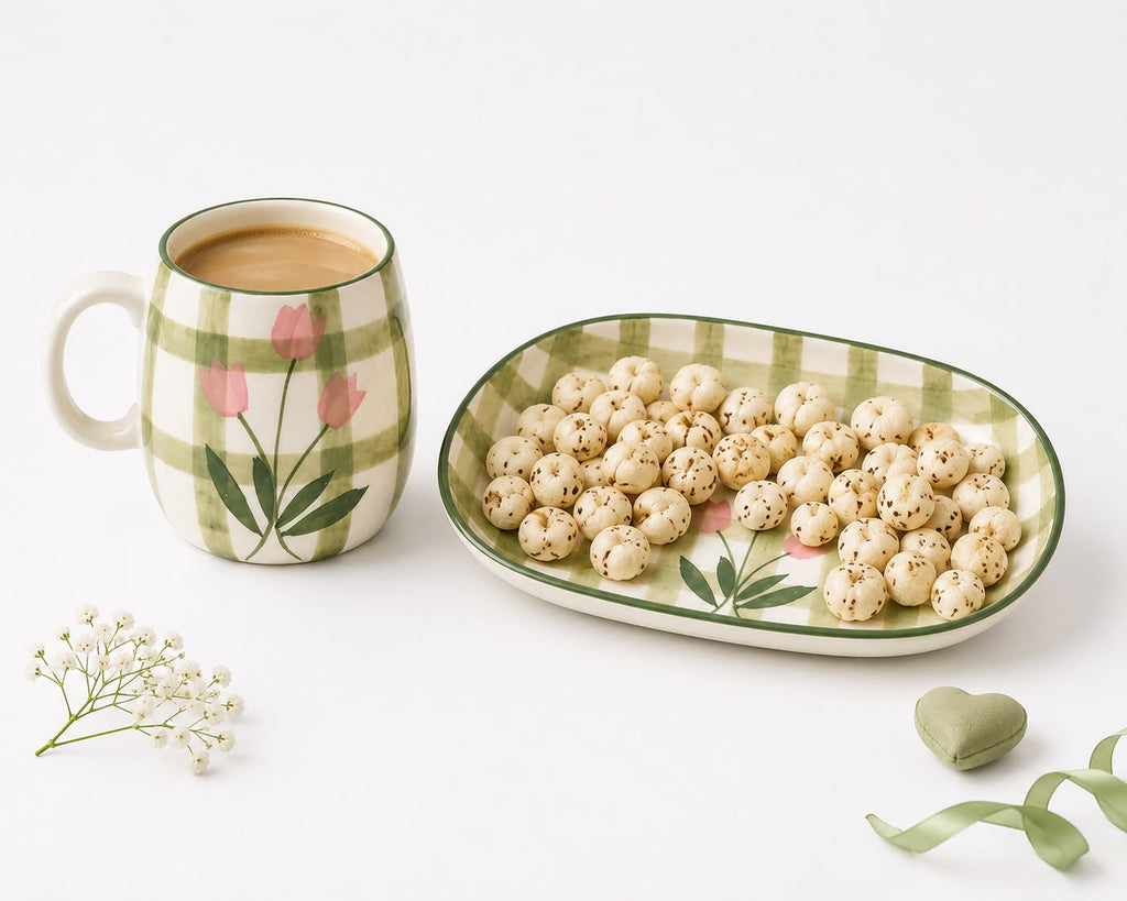 Green Floral Check Cup & Bowl Set | Ceramic Tea Cup & Snack Bowl | Aesthetic Kitchen & Tableware(Set of 1) | Pinterest Inspired Design