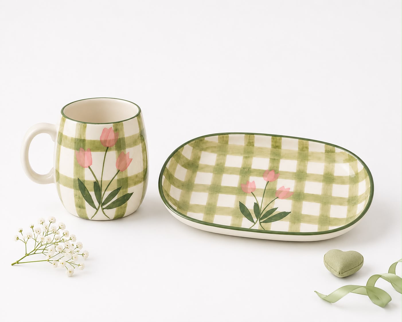 Green Floral Check Cup & Bowl Set | Ceramic Tea Cup & Snack Bowl | Aesthetic Kitchen & Tableware(Set of 1) | Pinterest Inspired Design