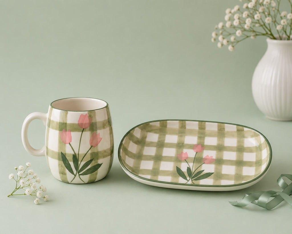 Green Floral Check Cup & Bowl Set | Ceramic Tea Cup & Snack Bowl | Aesthetic Kitchen & Tableware(Set of 1) | Pinterest Inspired Design