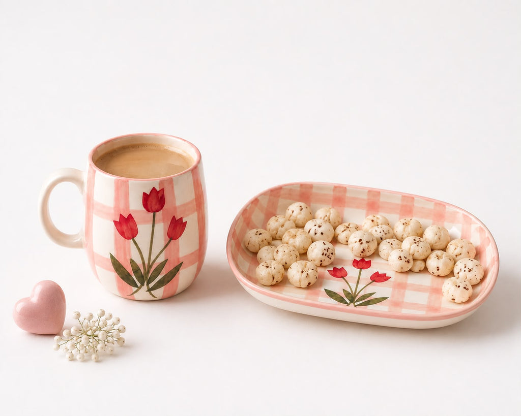 Pink Floral Check Cup & Bowl Set | Ceramic Tea Cup & Snack Bowl | Aesthetic Kitchen & Tableware(Set of 1) | Pinterest Inspired Design