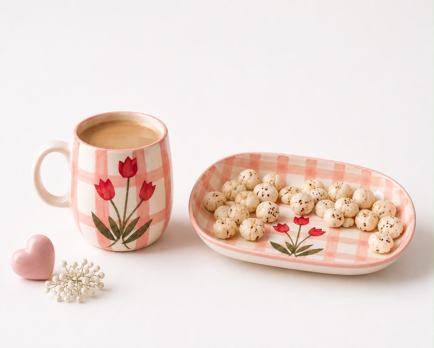 Pink Floral Check Cup & Bowl Set | Ceramic Tea Cup & Snack Bowl | Aesthetic Kitchen & Tableware(Set of 1) | Pinterest Inspired Design