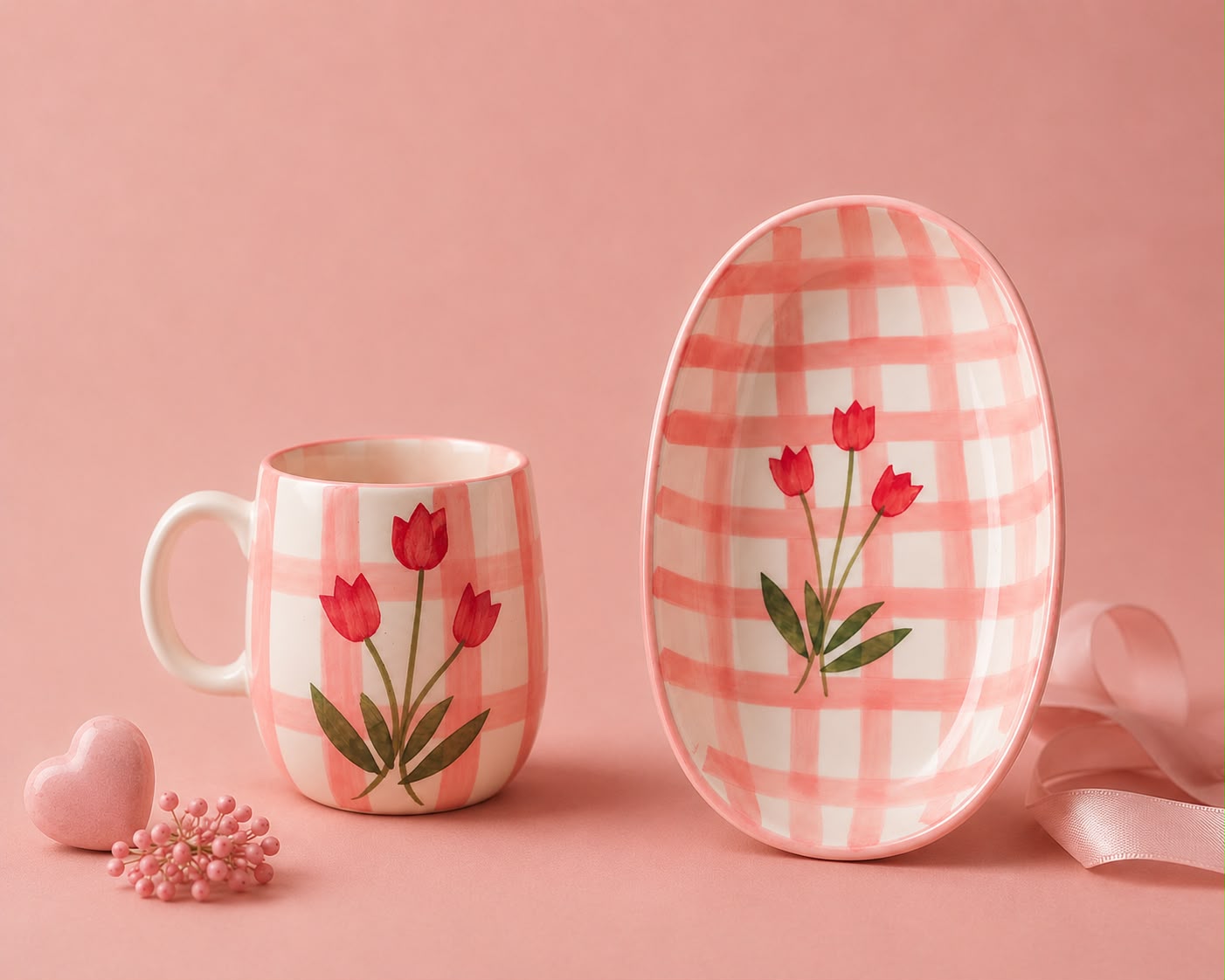 Pink Floral Check Cup & Bowl Set | Ceramic Tea Cup & Snack Bowl | Aesthetic Kitchen & Tableware(Set of 1) | Pinterest Inspired Design