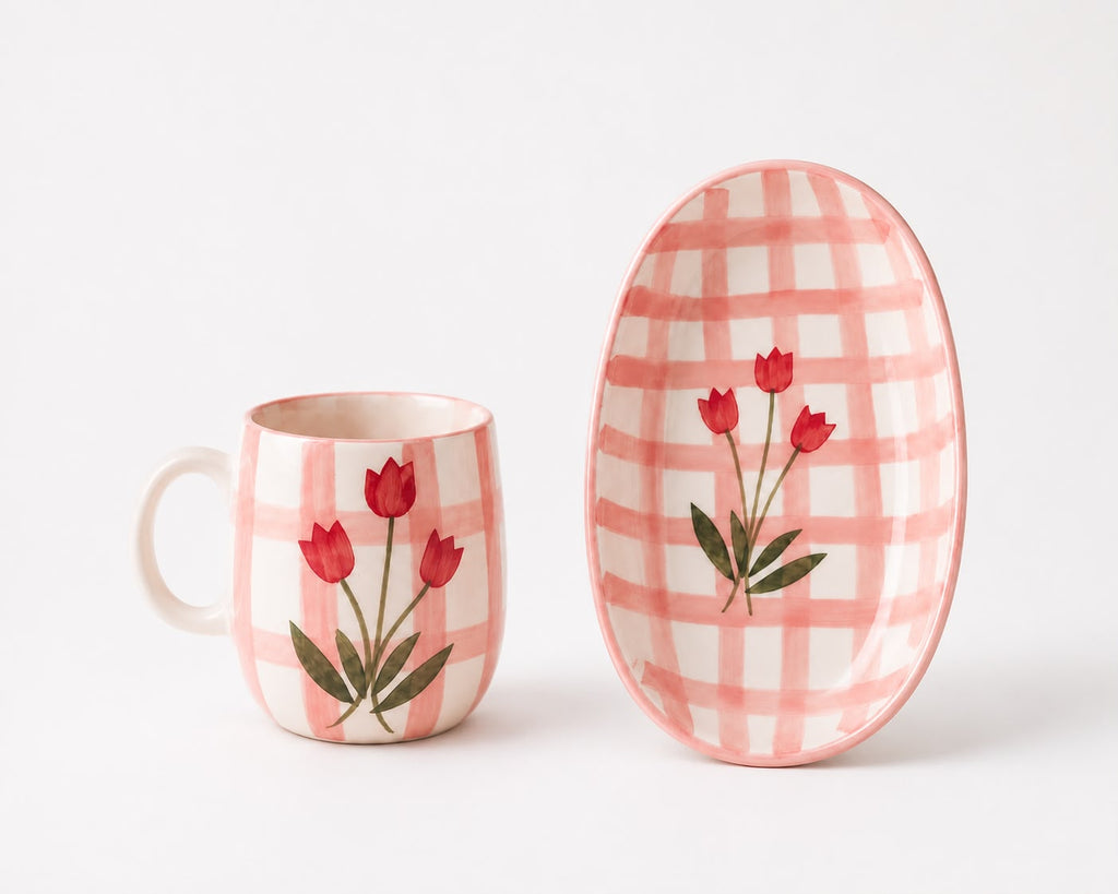 Pink Floral Check Cup & Bowl Set | Ceramic Tea Cup & Snack Bowl | Aesthetic Kitchen & Tableware(Set of 1) | Pinterest Inspired Design