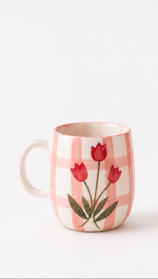 Pink Floral Check Cup & Bowl Set | Ceramic Tea Cup & Snack Bowl | Aesthetic Kitchen & Tableware(Set of 1) | Pinterest Inspired Design