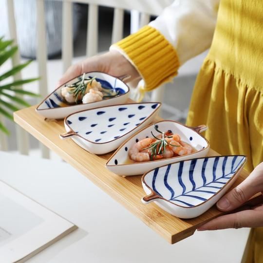 Indigo Leaf Snack Bowls (Set of 4) | Ceramic