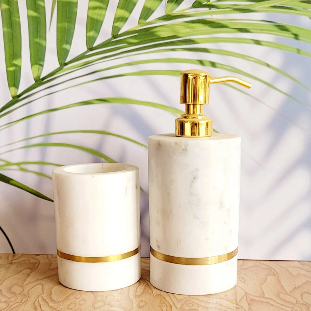 White Marble Bathroom Set with Brass Touch – Soap Dispenser & Tumbler | Elegant Vanity Decor | Gift-Boxed