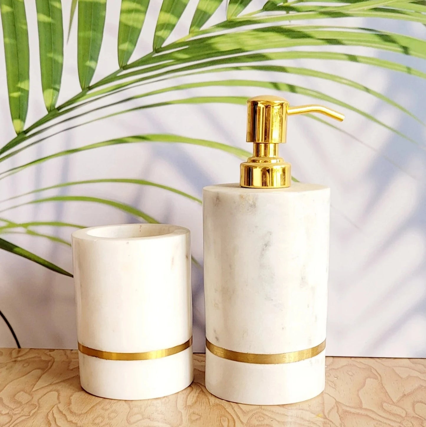White Marble Bathroom Set with Brass Touch – Soap Dispenser & Tumbler | Elegant Vanity Decor | Gift-Boxed