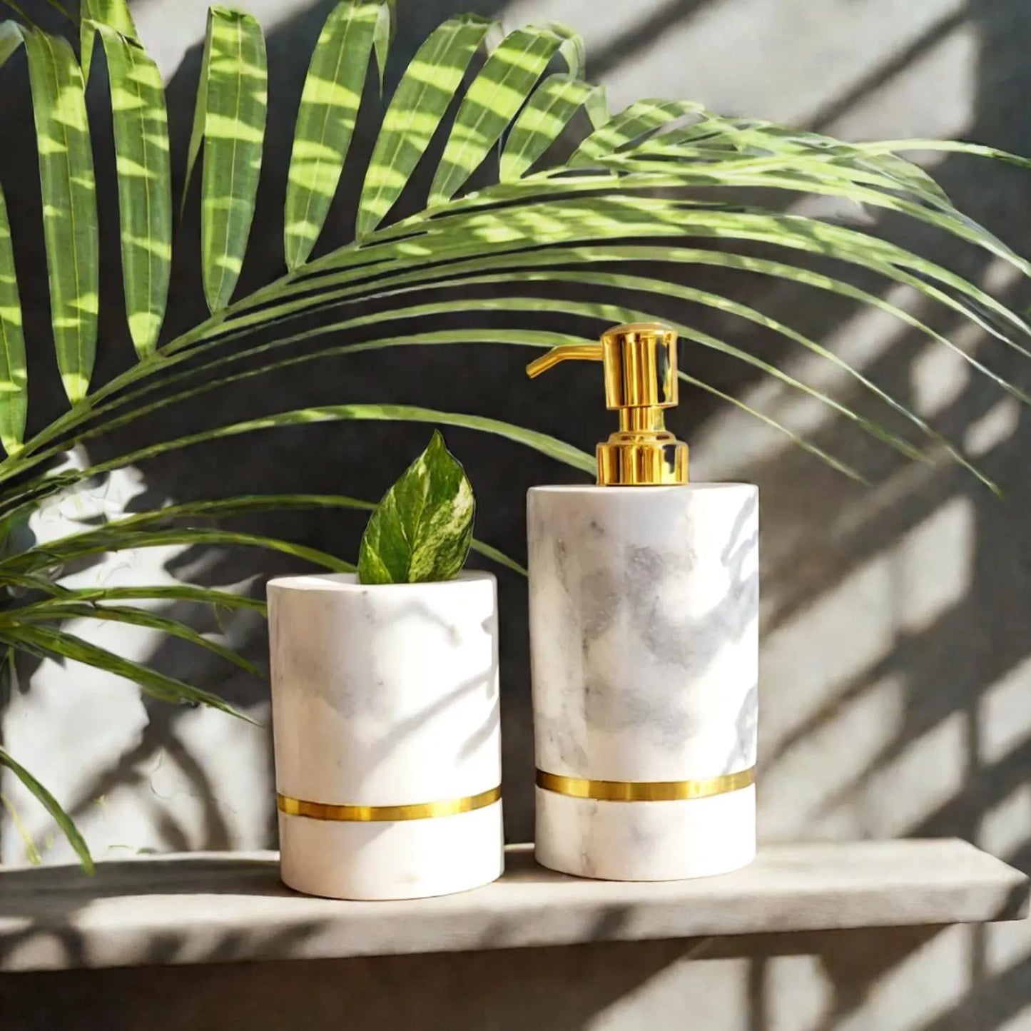 White Marble Bathroom Set with Brass Touch – Soap Dispenser & Tumbler | Elegant Vanity Decor | Gift-Boxed