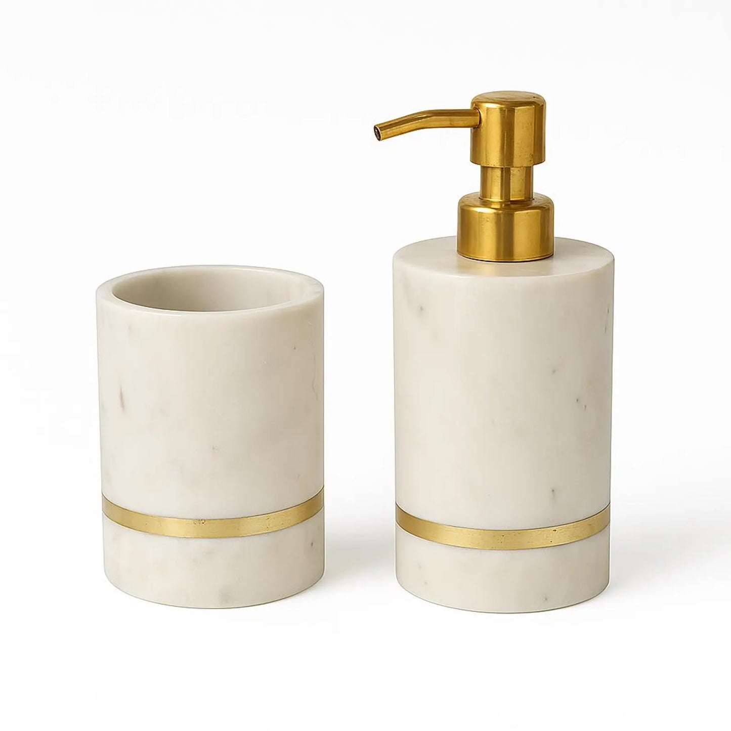 White Marble Bathroom Set with Brass Touch – Soap Dispenser & Tumbler | Elegant Vanity Decor | Gift-Boxed