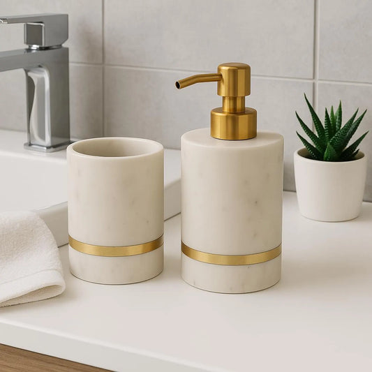 White Marble Bathroom Set with Brass Touch – Soap Dispenser & Tumbler | Elegant Vanity Decor | Gift-Boxed