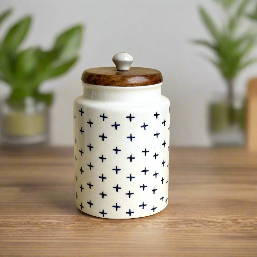 Blue Cross Ceramic Jar Set with wooden lid ( Set of 1) | Pinterest Inspired Design