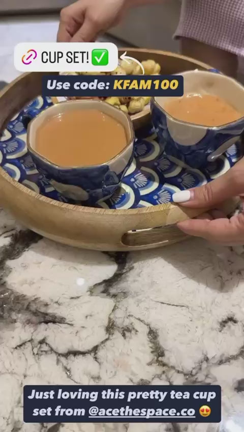 INDIGO SERVING TRAY, 2 CUPS AND A COOKIE PLATE SET