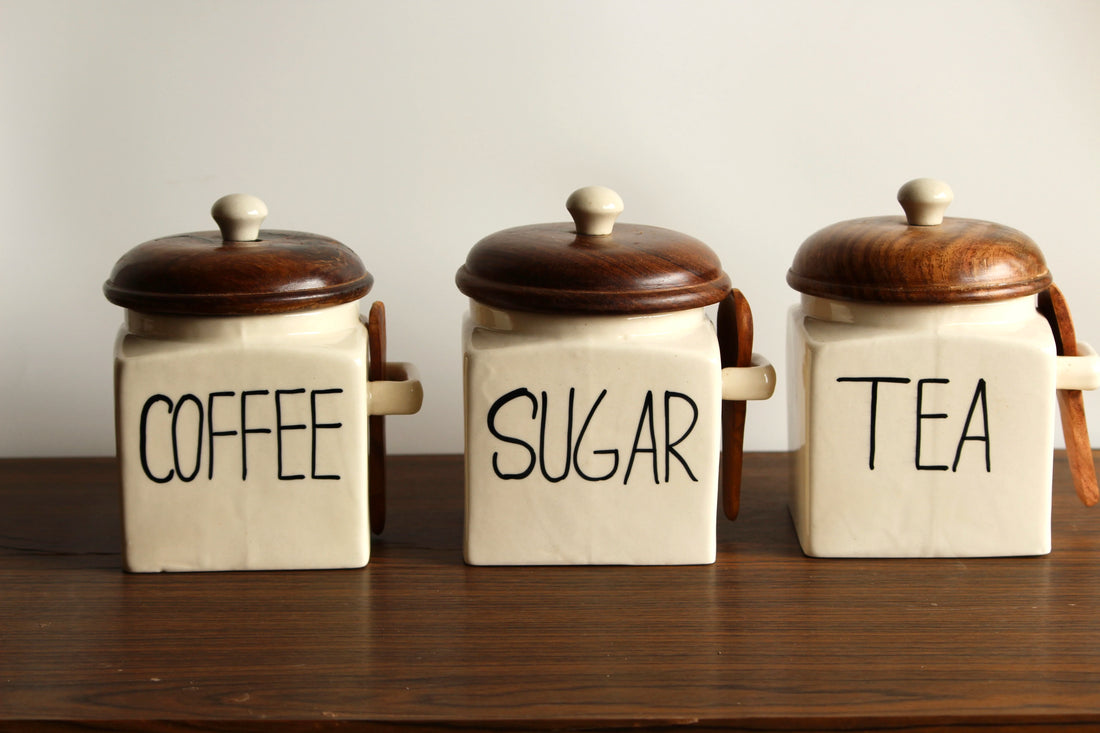Tea, Coffee and Sugar Ceramic Jar Set with wooden lid ( Set of 3) | Pinterest Inspired Design